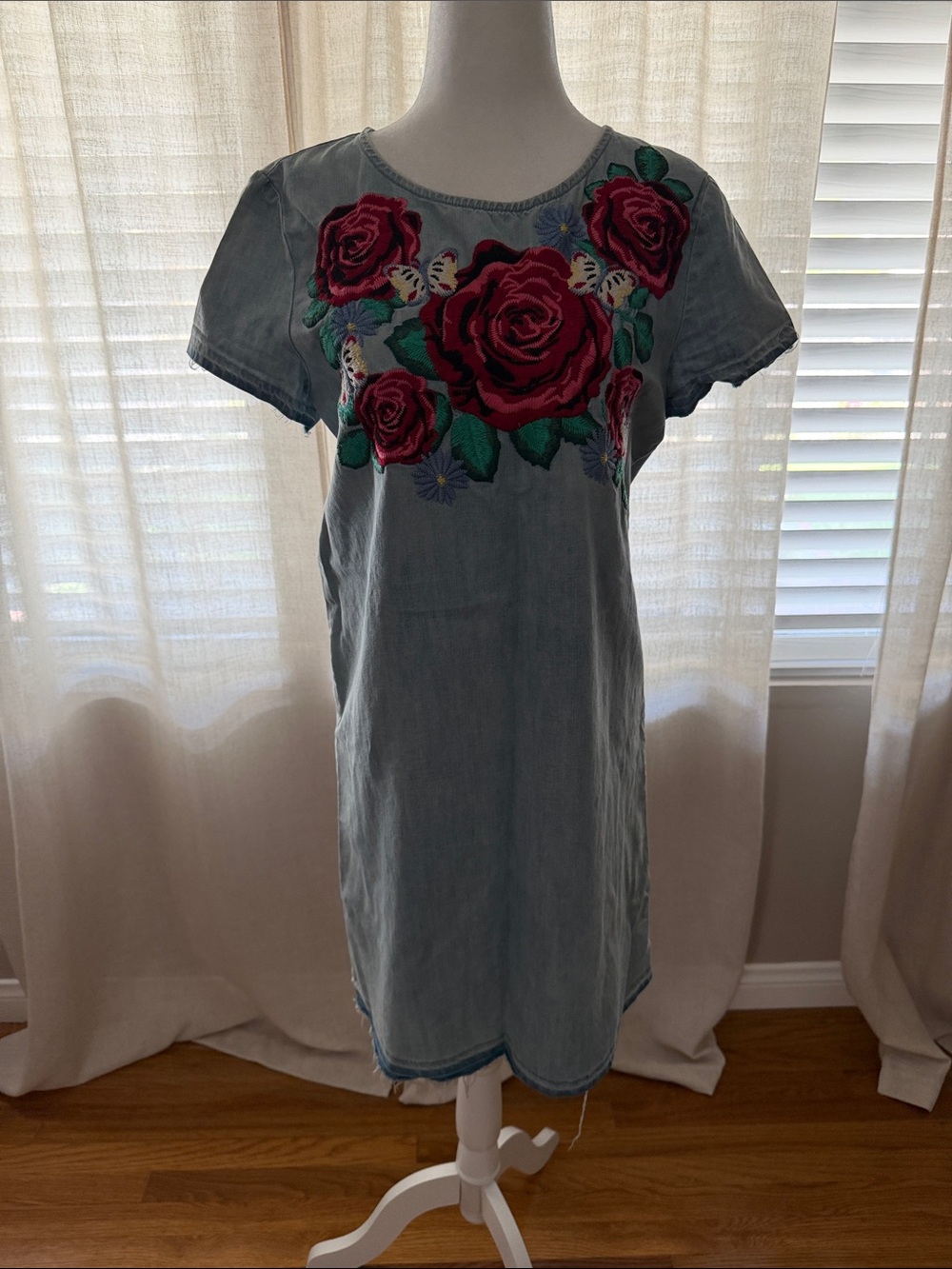 TRUE RELIGION Denim Dress with Pink Rose Embroidery